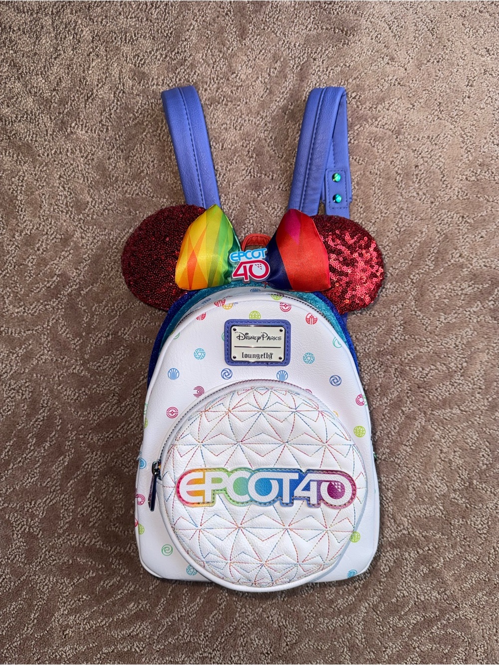 Loungefly Disney Parks EPCOT 40 Rainbow Mini Backpack with matching Mouse Ears